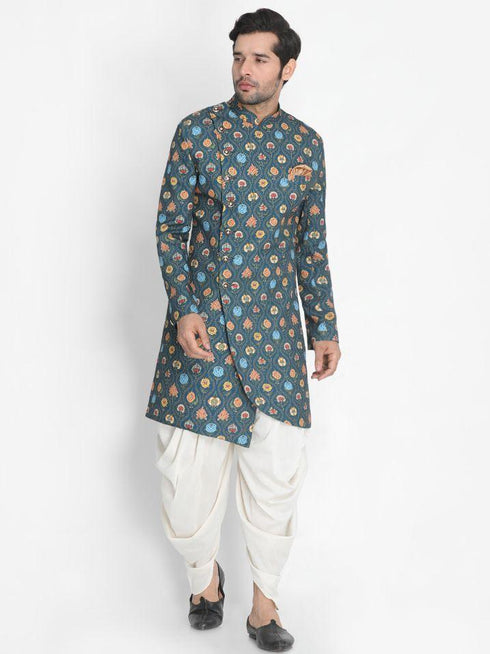 Vastramay Men's Dark Green Silk Blend Sherwani Set